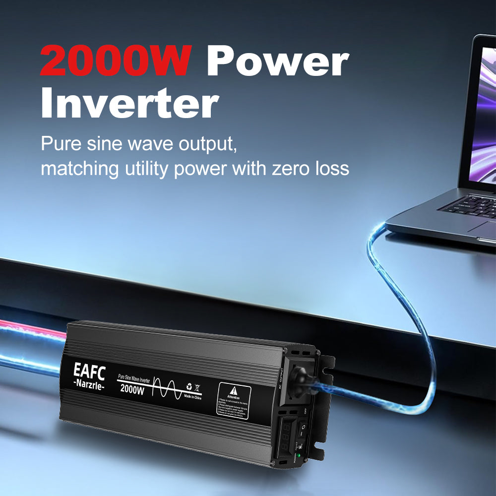EAFC 2000 W Onduleur à onde pure – (Puissance de crête 2000 W / Puissance nominale 1000 W) – Convertisseur 12 V CC vers 220 V CA avec affichage numérique