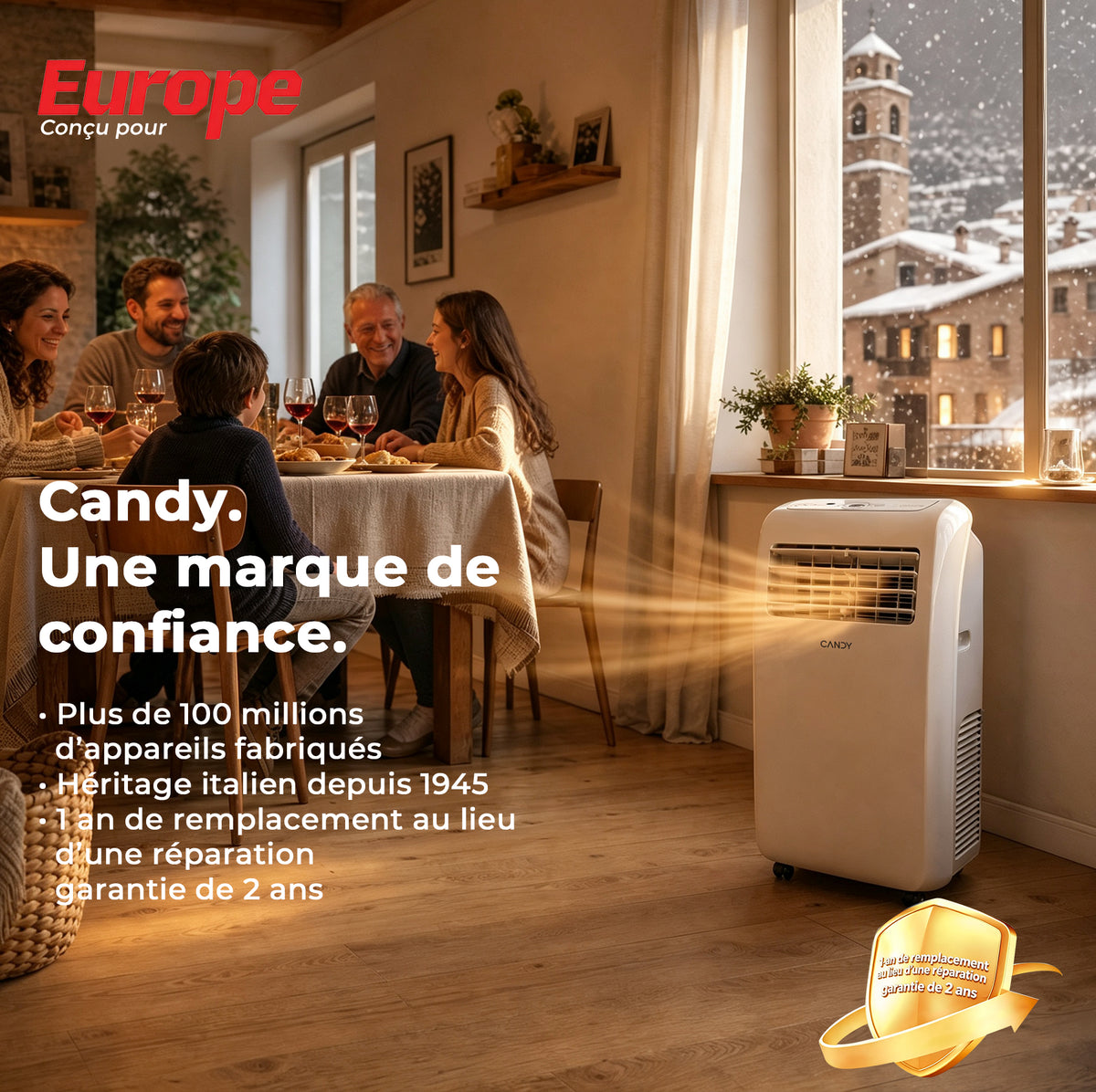 Candy 12000 BTU Climatiseur Mobile, Unité de Climatisation Intelligente 4 en 1, Refroidissement et Chauffage Rapides pour Pièces jusqu'à 35 ㎡, 3 Vitesses, Minuterie 24 H