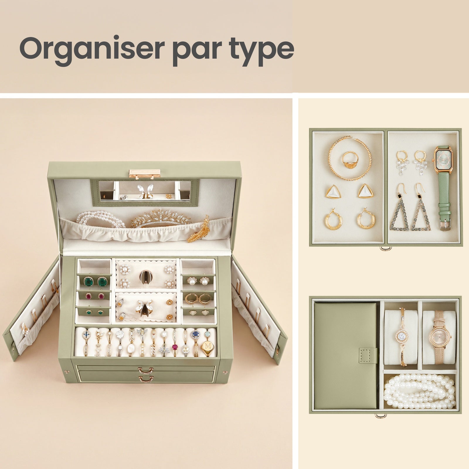 JOYFURNOS Boîte de rangement pour bijoux à 3 niveaux, Organisateur verrouillable avec poignée et 2 tiroirs, Cadeau pour femme, Usage de voyage, Vert
