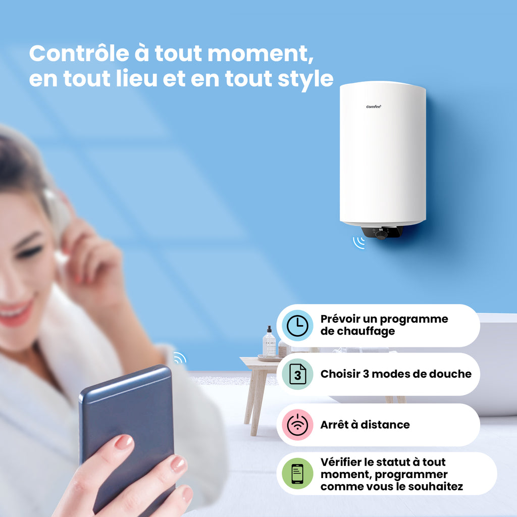 Comfee' D80-15EFG 80 L Chauffe-eau électrique mural - Réservoir au-dessus de l'évier - Contrôle Wi-Fi et compact facile à installer