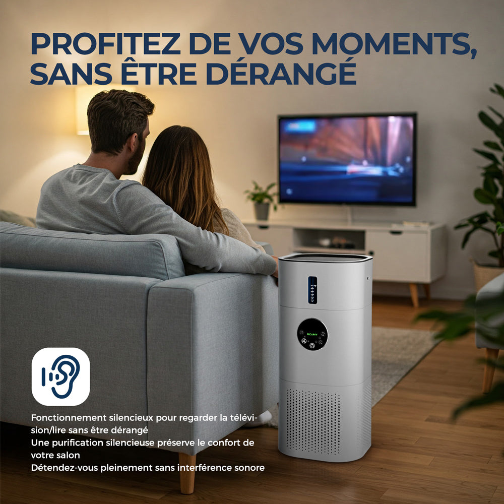ROUNY Combo purificateur d'air et humidificateur 2-en-1, filtre HEPA H13, CADR 150 m³/h, couverture 20-50 m², mode veille ≤25 dB, affichage de la qualité de l'air