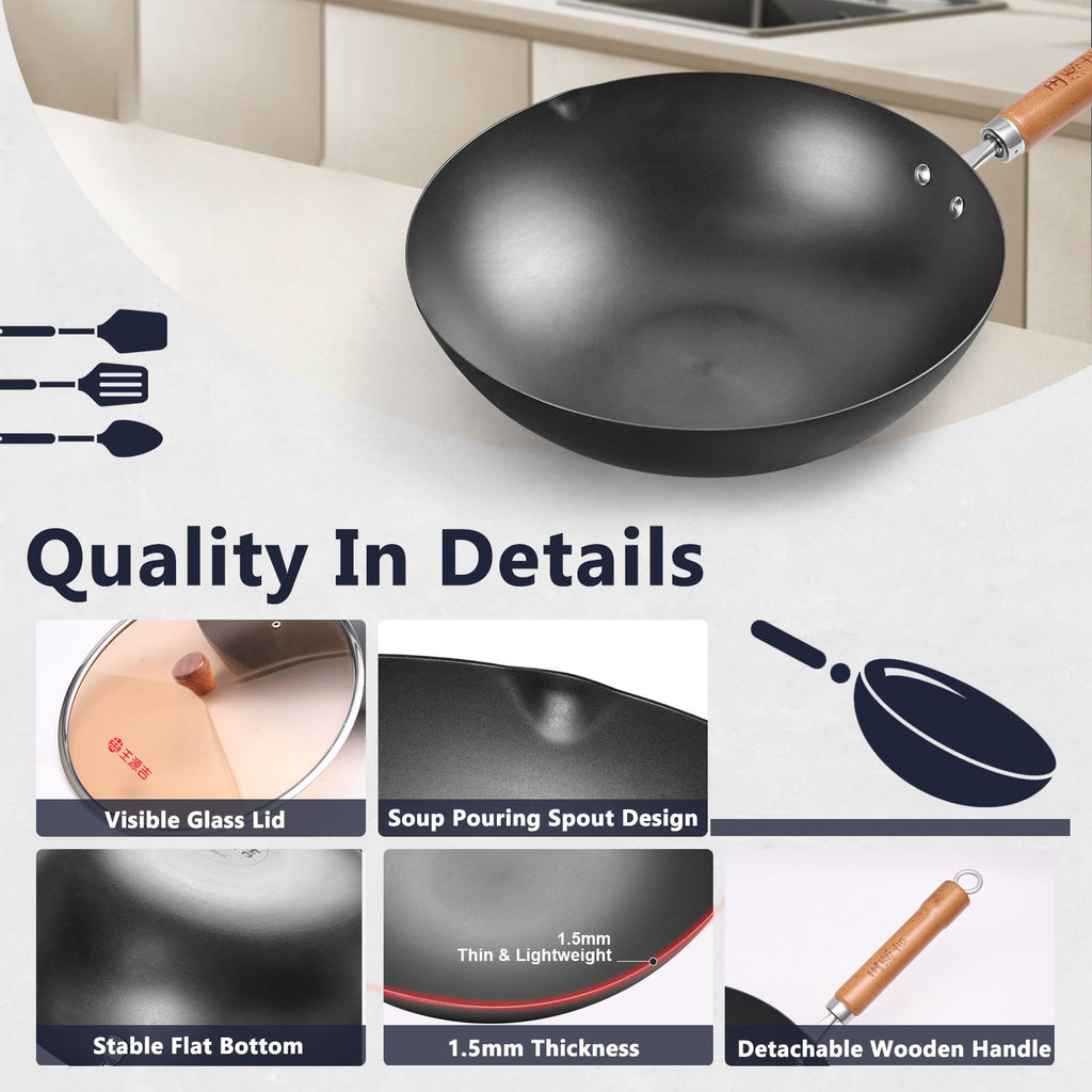 wangyuanji 11,8" Woks et poêles à sauter chinoises en acier au carbone, Poêle à rôtir chinoise à fond plat avec couvercle en verre, Compatible avec toutes les plaques de cuisson