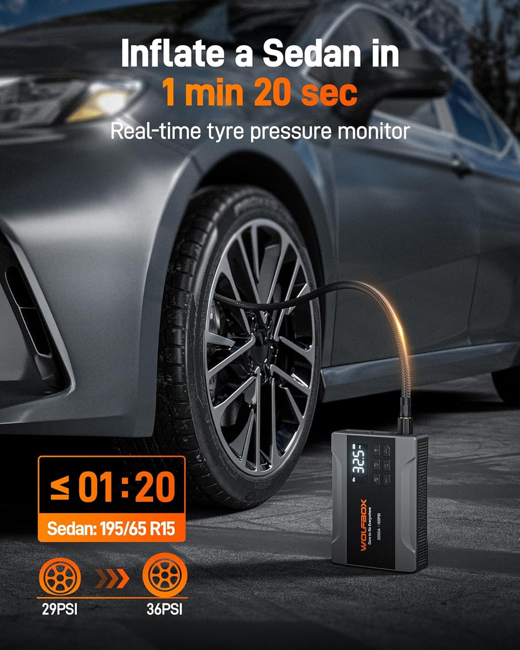 WOLFBOX Booster de démarrage 2000 A avec compresseur d’air, Booster de batterie de voiture portable 37 Wh (jusqu’à moteur essence 5 L) avec gonfleur de pneus 150 PSI