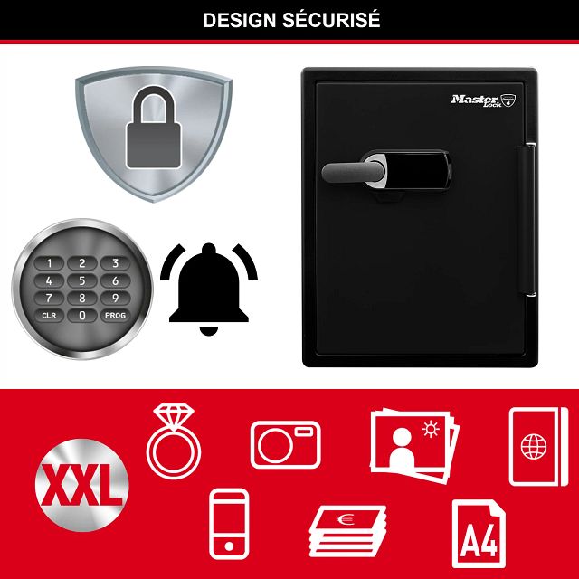 Master Lock Coffre-fort certifié ignifuge et étanche avec alarme, 56,5 L, 472 x 603 x 491 mm, système de combinaison à écran tactile numérique avec clavier rétroéclairé et alarme