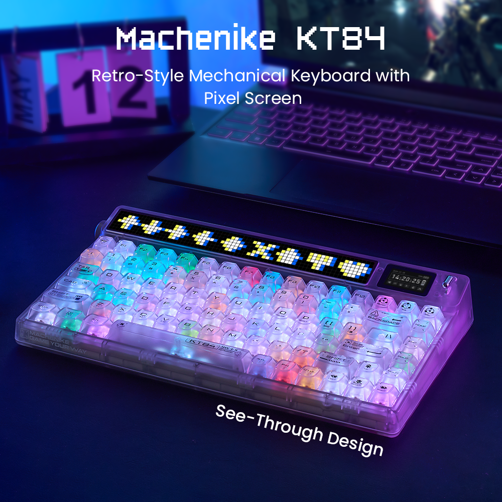 Machenike KT84-B84W clavier mécanique 75 %, triple mode, disposition QWERTY US, matrice LED personnalisable, écran TFT HD, design transparence, montage à joints remplaçable à chaud