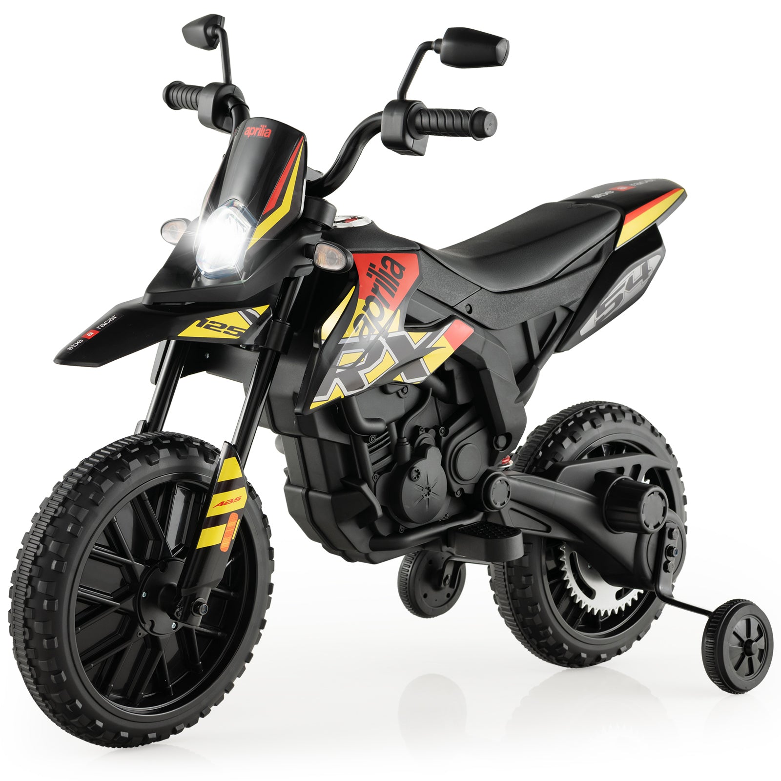 Moto électrique pour enfants 12 V avec roues d'apprentissage, modèle sous licence Aprilia, noir