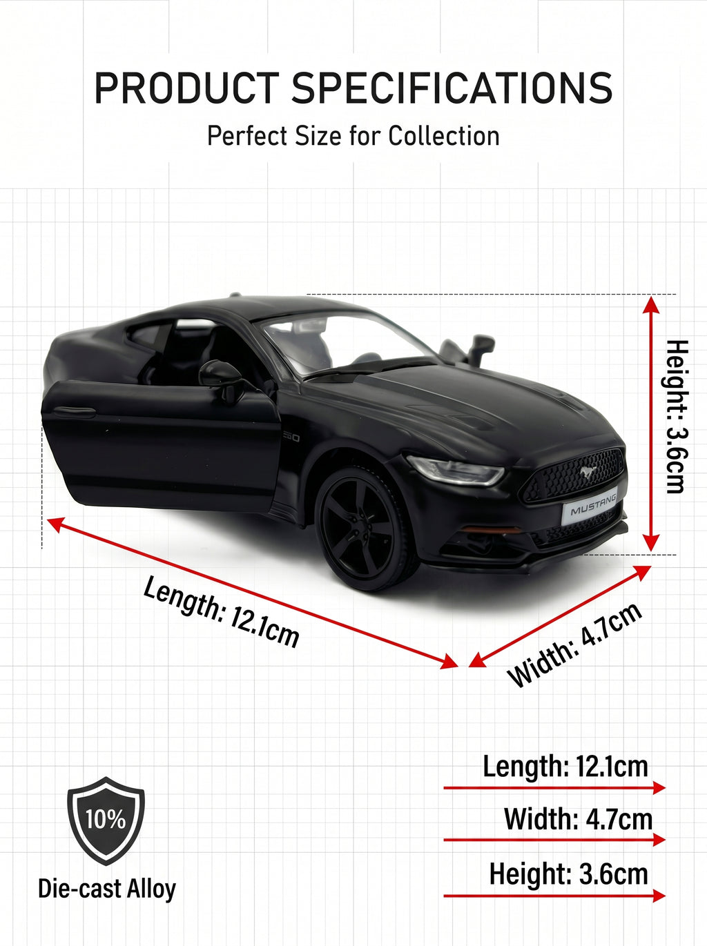Voiture miniature Ford Mustang à l’échelle 1:36, en alliage noir, avec portes ouvrantes et mécanisme à ressort – Jouet pour enfants, idée cadeau
