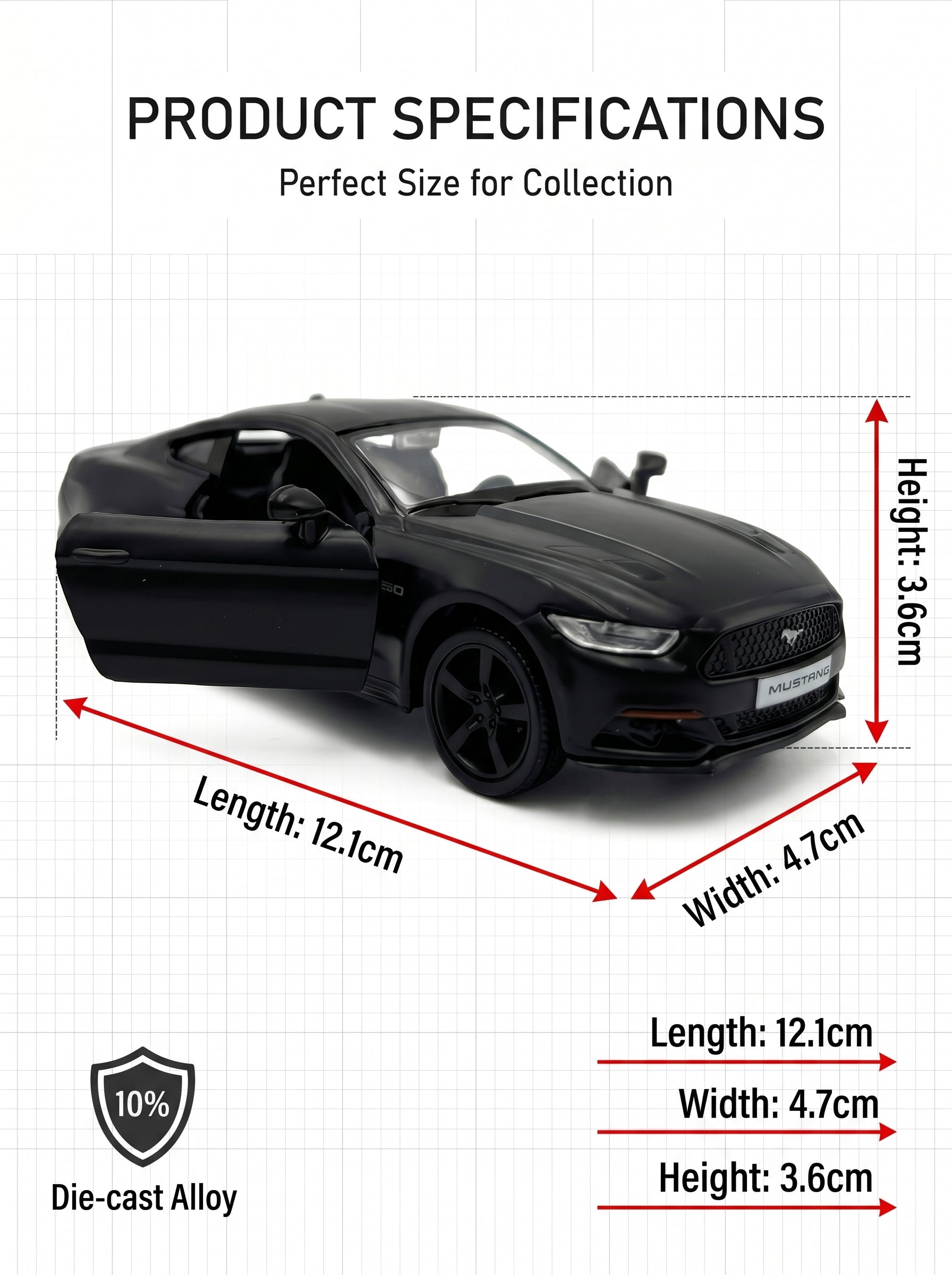 Voiture miniature Ford Mustang à l’échelle 1:36, en alliage noir, avec portes ouvrantes et mécanisme à ressort – Jouet pour enfants, idée cadeau