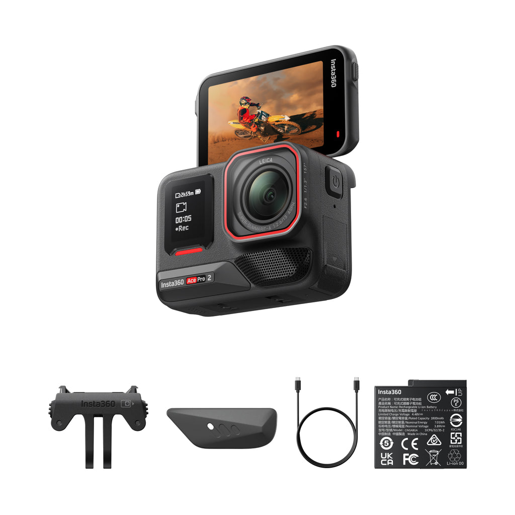 Insta360 Ace Pro 2 Pack Double Batterie - Caméra d'action 8K étanche avec Leica, capteur 1/1,3 pouce, double puce IA, excellente qualité en basse lumière, audio avancé, écran rabattable, édition IA