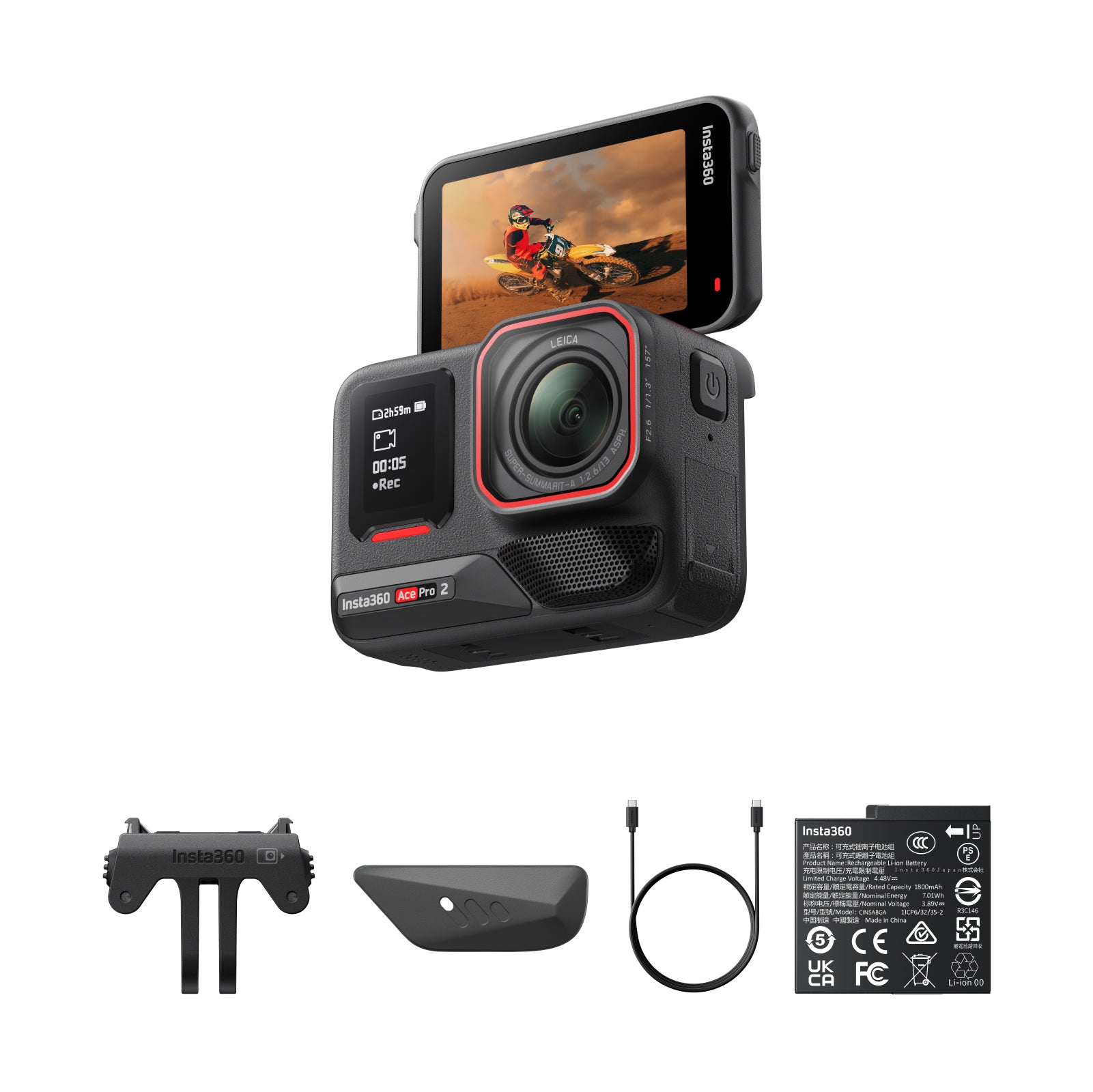 Insta360 Ace Pro 2 Pack Double Batterie - Caméra d'action 8K étanche avec Leica, capteur 1/1,3 pouce, double puce IA, excellente qualité en basse lumière, audio avancé, écran rabattable, édition IA