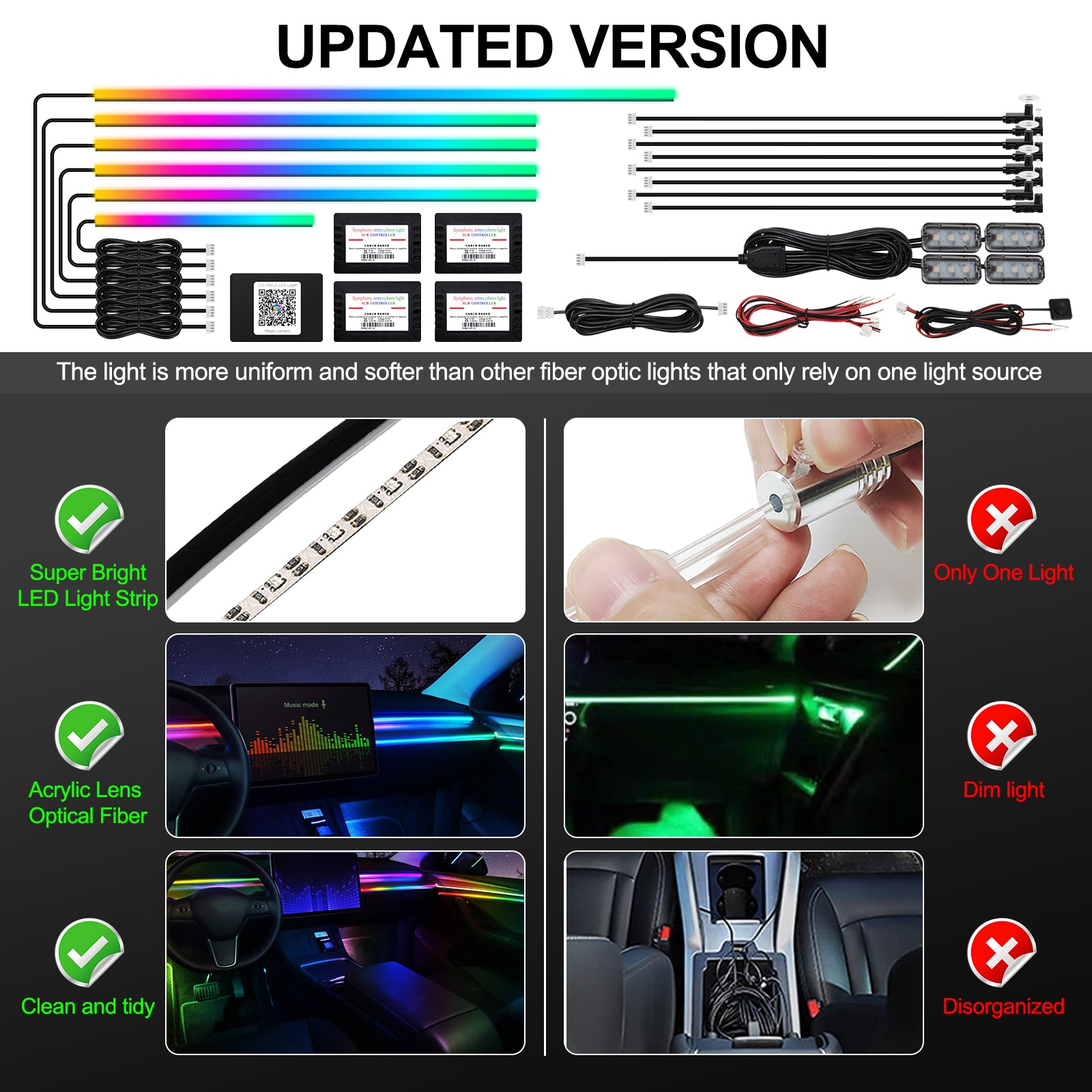 VGETTING Bande lumineuse LED intérieure de voiture en acrylique couleurs de rêve avec application sans fil, RVB 18 en 1 avec 175 pouces 593 LED