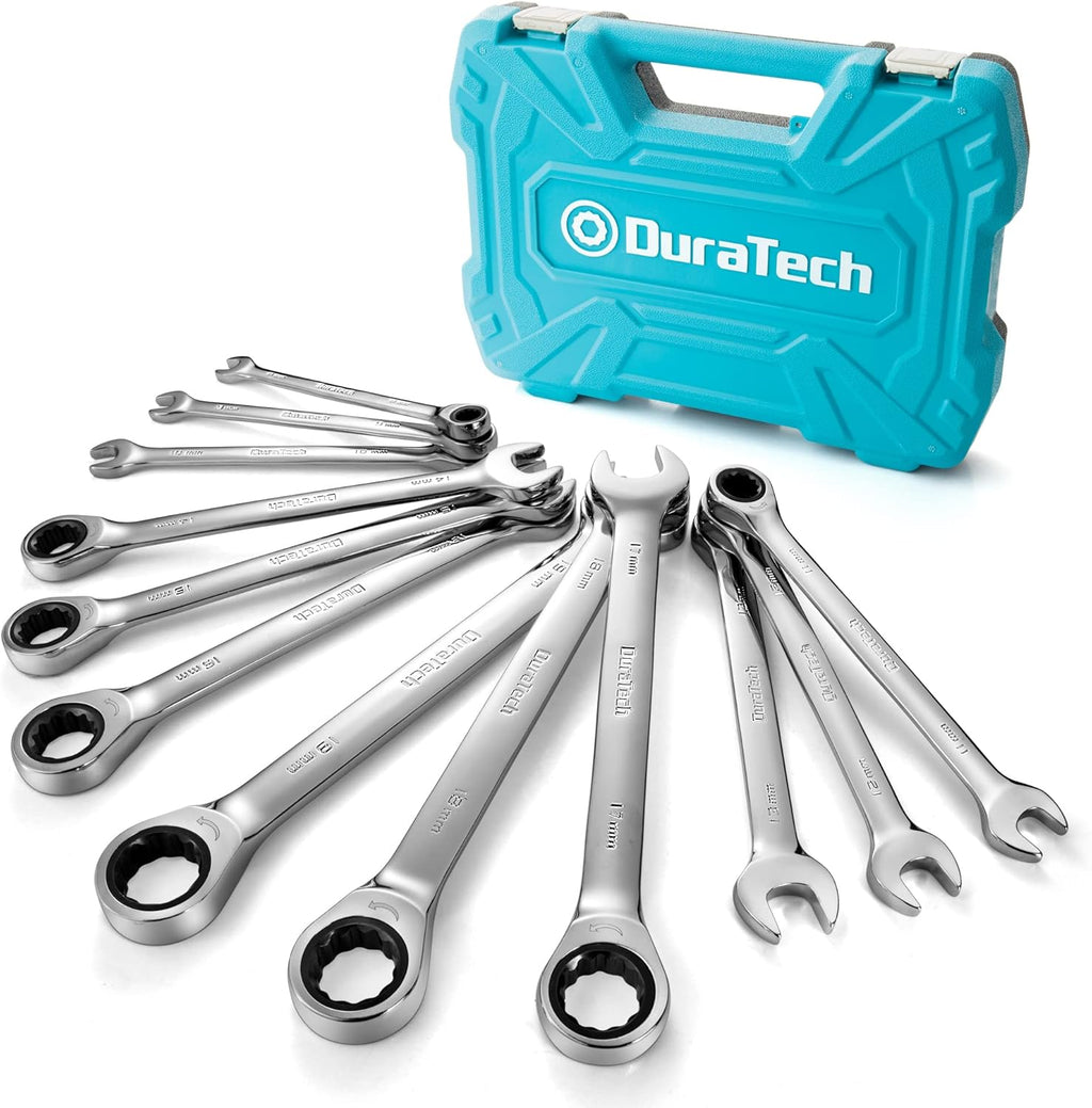 DURATECH Jeu de 12 clés mixtes à cliquet 8-19 mm, Jeu de clés mixtes à cliquet à bout ouvert à tête fixe, Métrique, Acier Cr-V, Organisé dans un étui de rangement