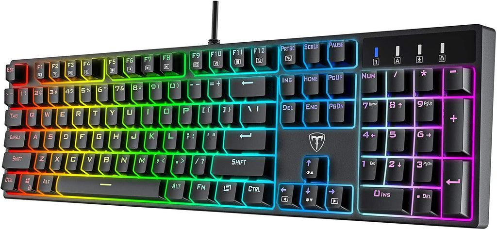 Clavier de jeu mécanique filaire 100 % ET, disposition QWERTY US, clavier filaire USB à interrupteurs bleus, 20 modes d'éclairage RVB, clavier complet à 104 touches