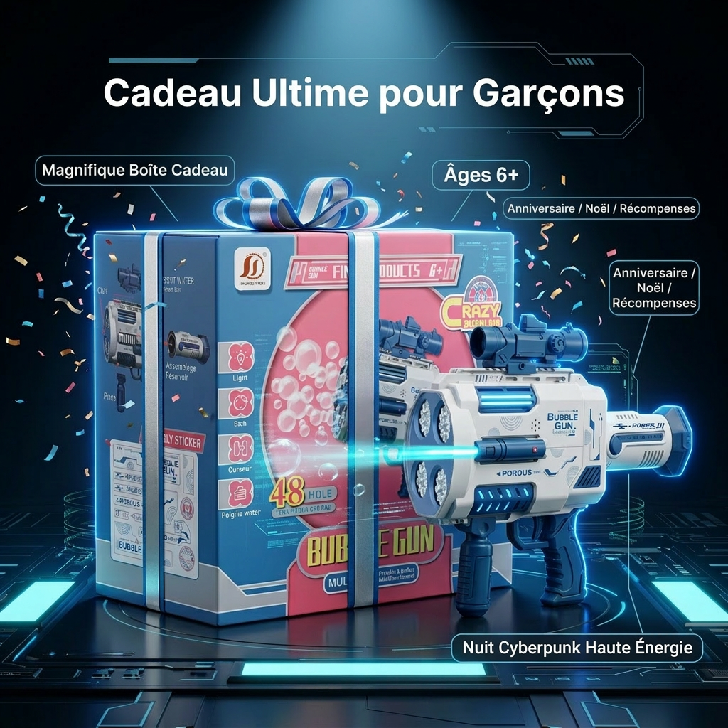 Pistolet à bulles automatique Tokky à 48 trous avec lumières LED, Machine à bulles rechargeable, Conception anti-fuite, Plus d'un million de bulles par minute