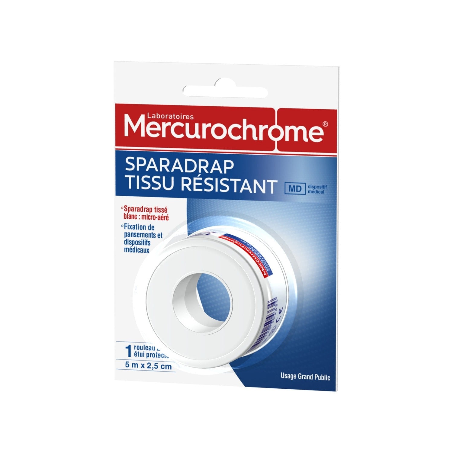 MERCUROCHROME Sparadrap Tissu Résistant Tissé Blanc Micro-Aéré 1 rouleau