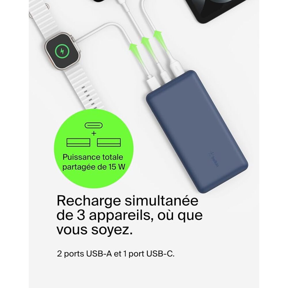 Belkin BoostCharge Batterie externe USB-A/USB-C 15 W - Bleu