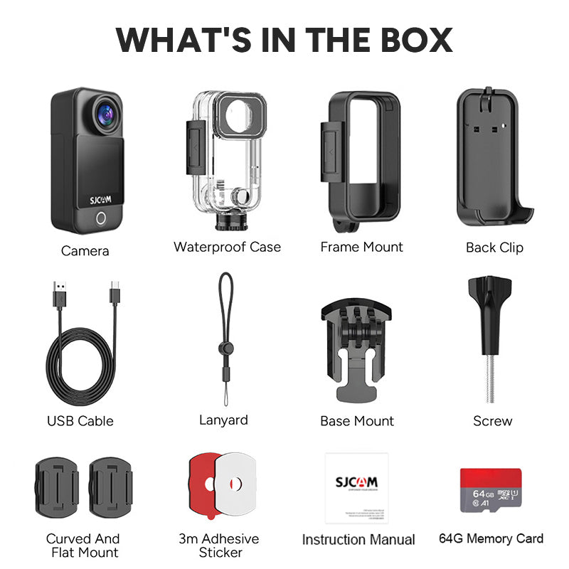 SJCAM C300 Caméra d'action de poche 4K avec stabilisation EIS à 6 axes Écran tactile 1,3 pouces Enregistrement 120 min Ultra compacte 6,8 × 3,2 × 2,6 cm Étanche 30 m avec boîtier Photo
