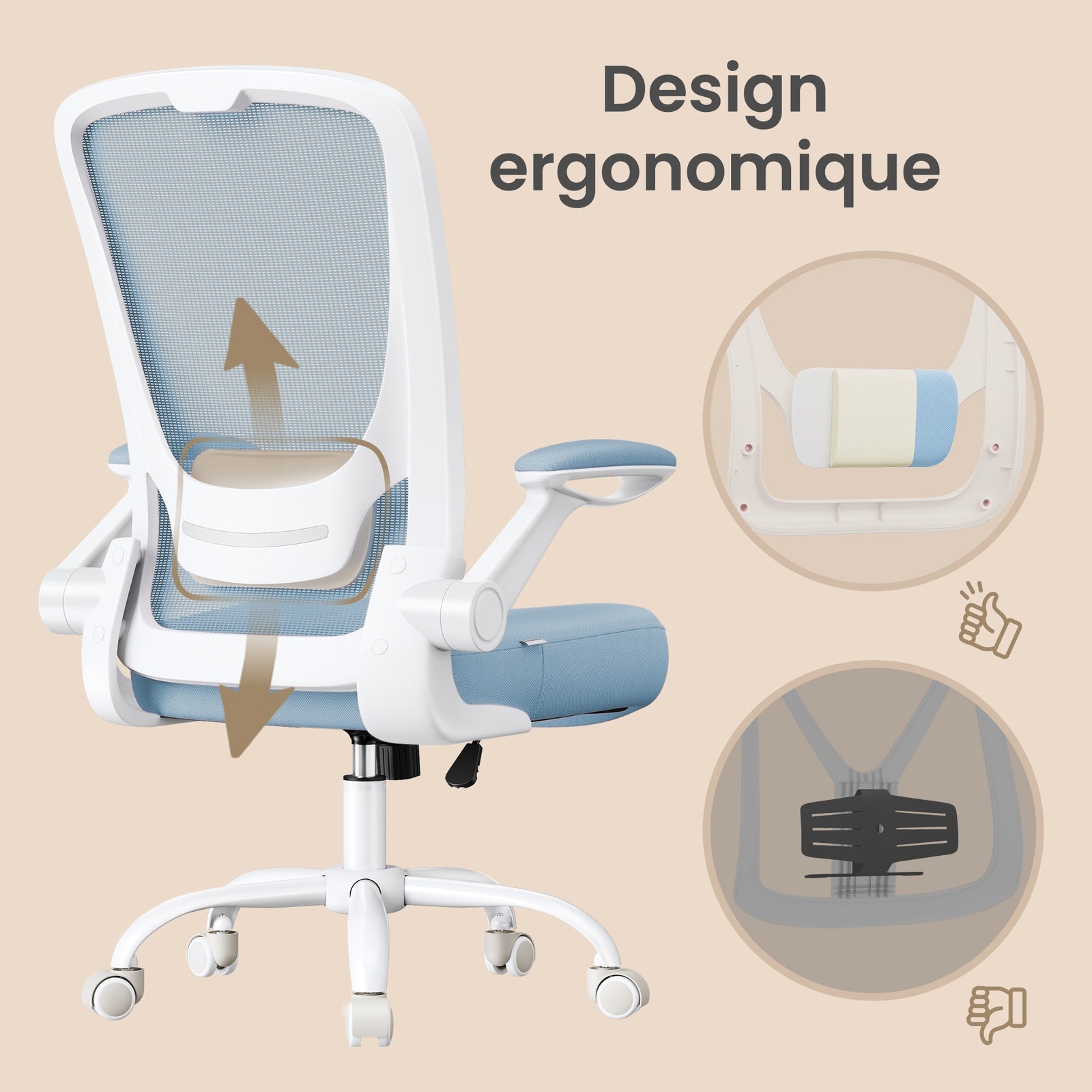 JOYFURNOS Chaise de bureau en maille, Chaise pivotante ergonomique, Accoudoirs rabattables, Bleu