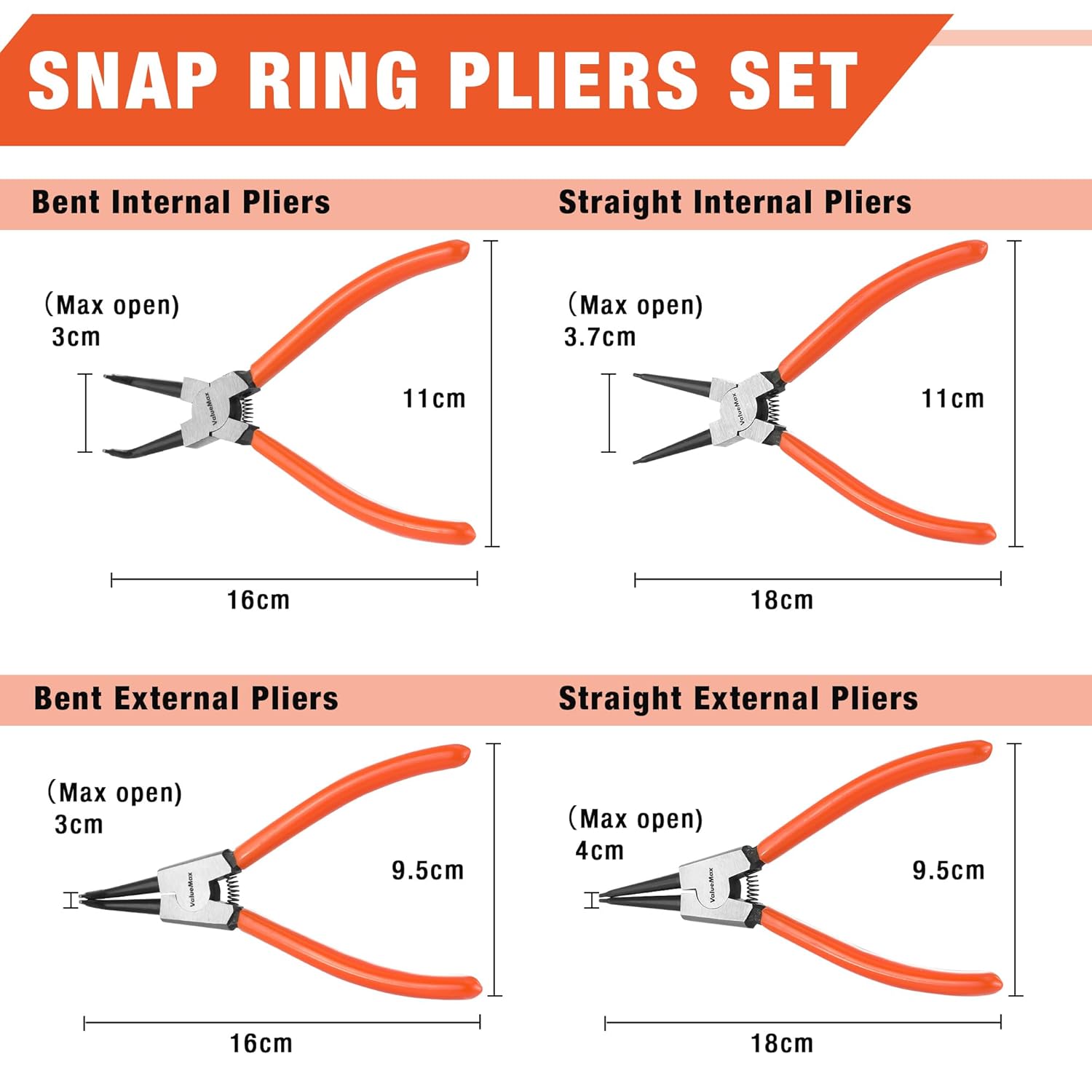 ValueMax Lot de 4 pinces à circlips internes et externes 180 mm avec étui de rangement à fermeture éclair