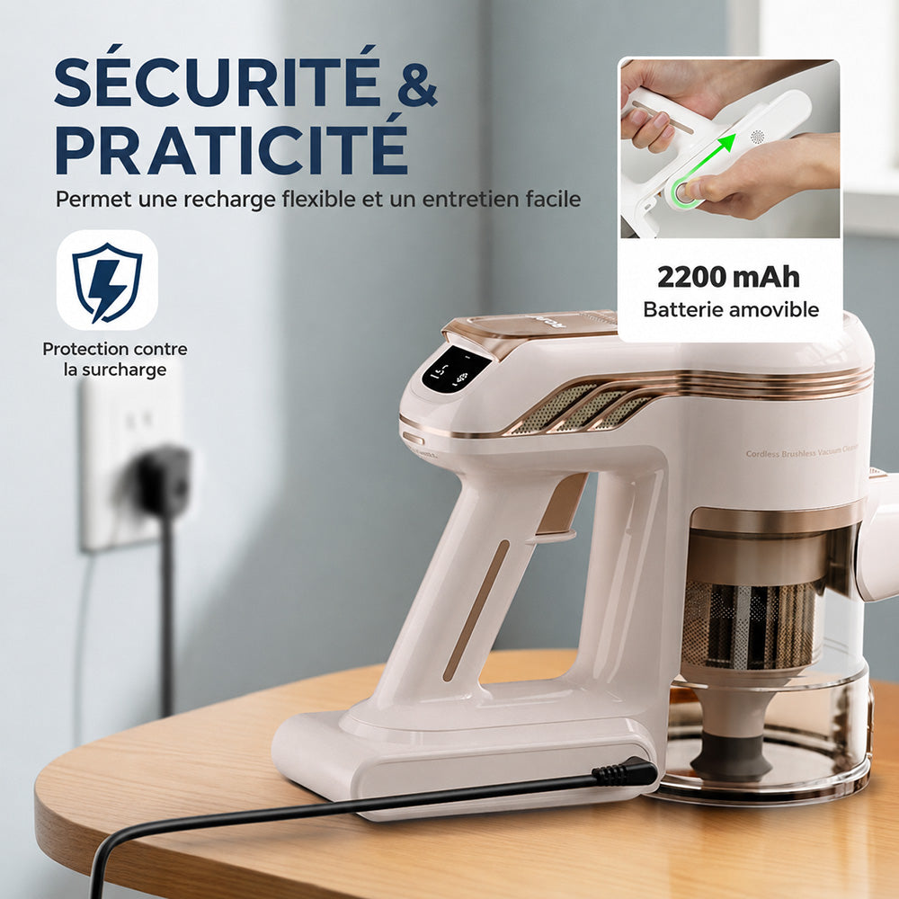 Rouny aspirateur balai sans fil, aspiration puissante 45 kPa, moteur sans balais, affichage LED, contrôle à 2 vitesses, batterie amovible pour le nettoyage de la maison et des poils d'animaux, V14