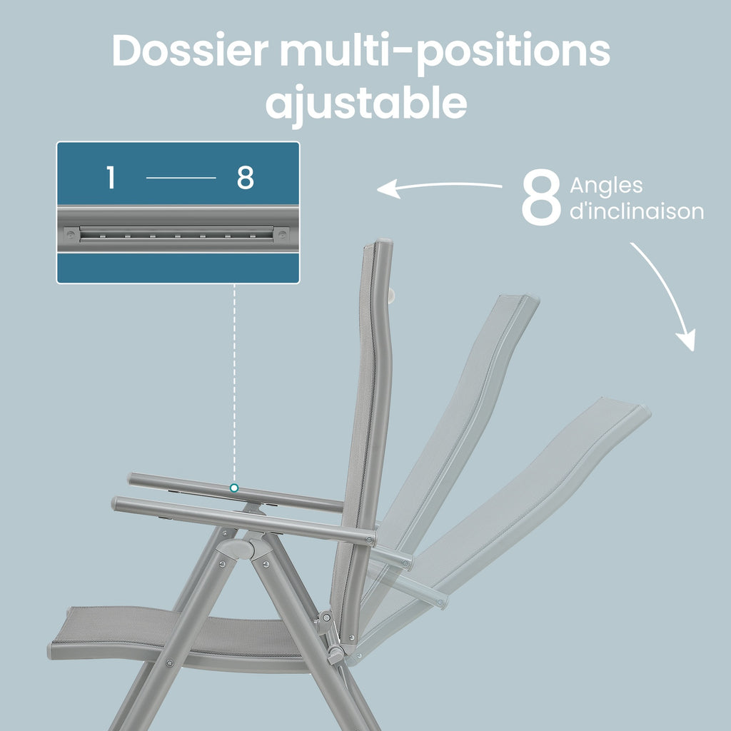 JOYFURNOS Lot de 2 Chaises de Jardin Pliantes, Chaises d’Extérieur avec Structure en Aluminium Résistante, Dossier Inclinable à 8 Positions, Capacité Max. 150 kg par Chaise, Gris