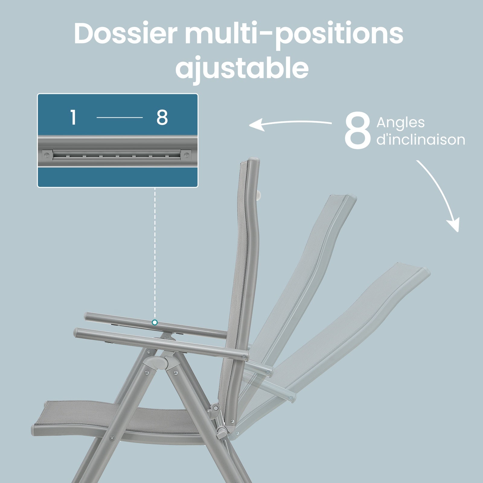 JOYFURNOS Lot de 2 Chaises de Jardin Pliantes, Chaises d’Extérieur avec Structure en Aluminium Résistante, Dossier Inclinable à 8 Positions, Capacité Max. 150 kg par Chaise, Gris