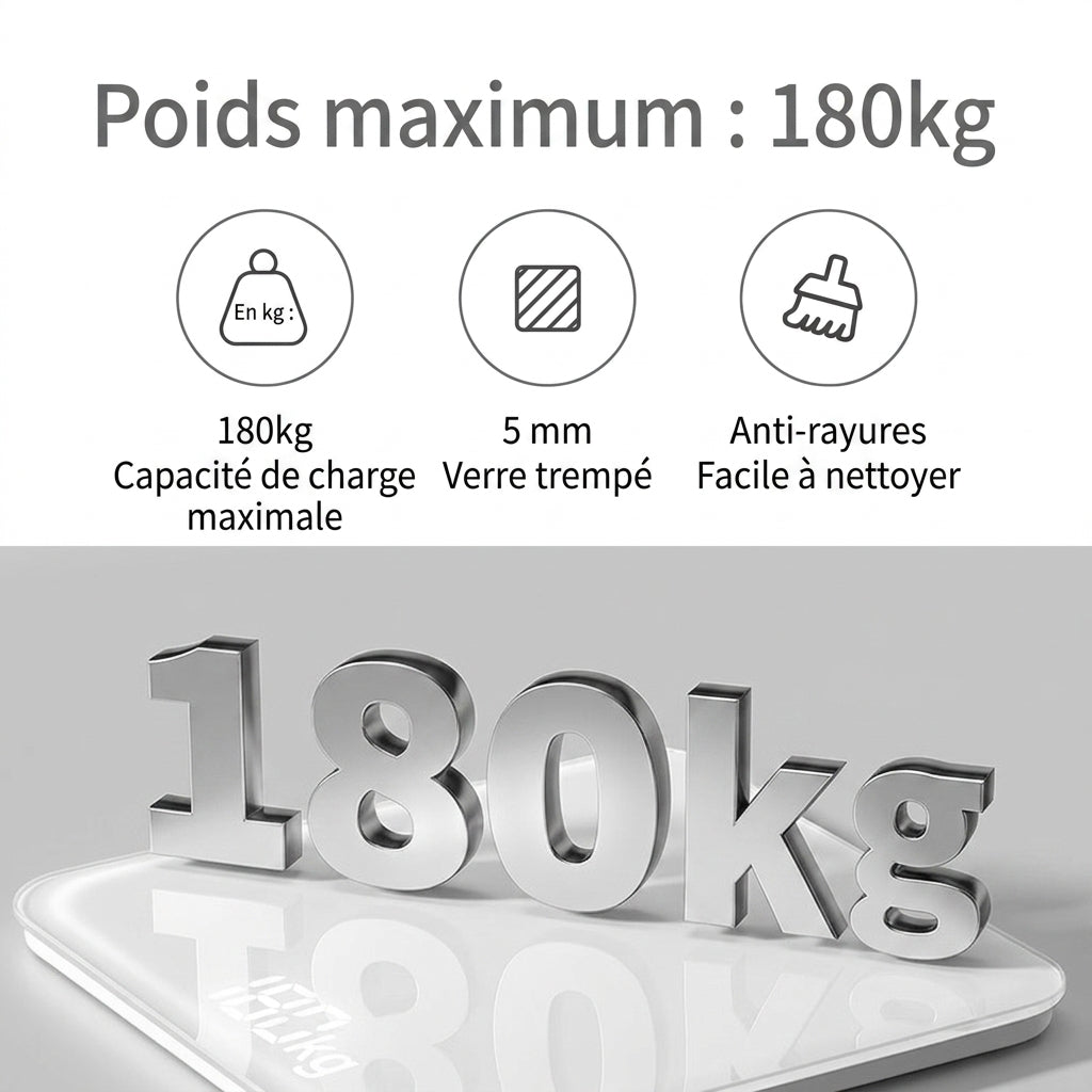 Ochama Pèse-personne numérique intelligent - Haute précision, Verre trempé, Écran LED à contraste élevé, 2 piles AAA incluses, 260 x 260 x 24 mm, 5-180 kg