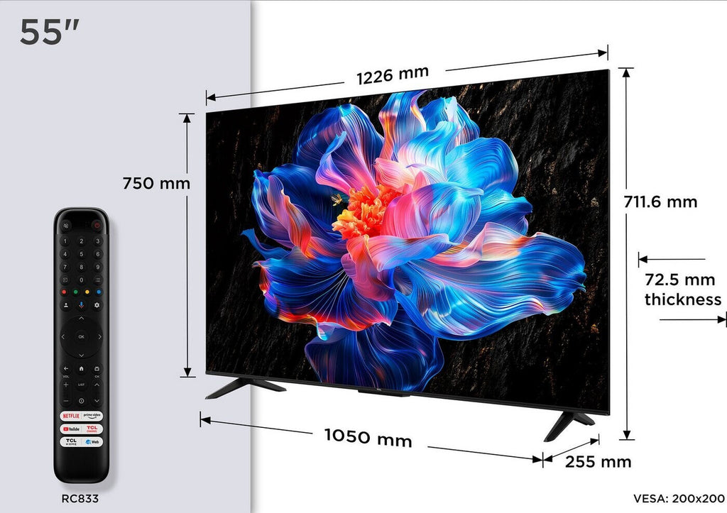 TCL 55V6C Smart TV 55 pouces 4K Ultra HD, compatible HDR10+, dalle HVA rigide, Dolby Vision