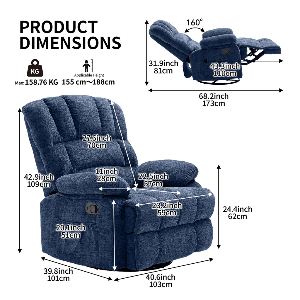 HONEYOU Fauteuil pivotant et bascule surdimensionné avec cadre OKIN, Chaise bascule à 360°, Canapé rembourré manuel pour salon et chambre, Bleu