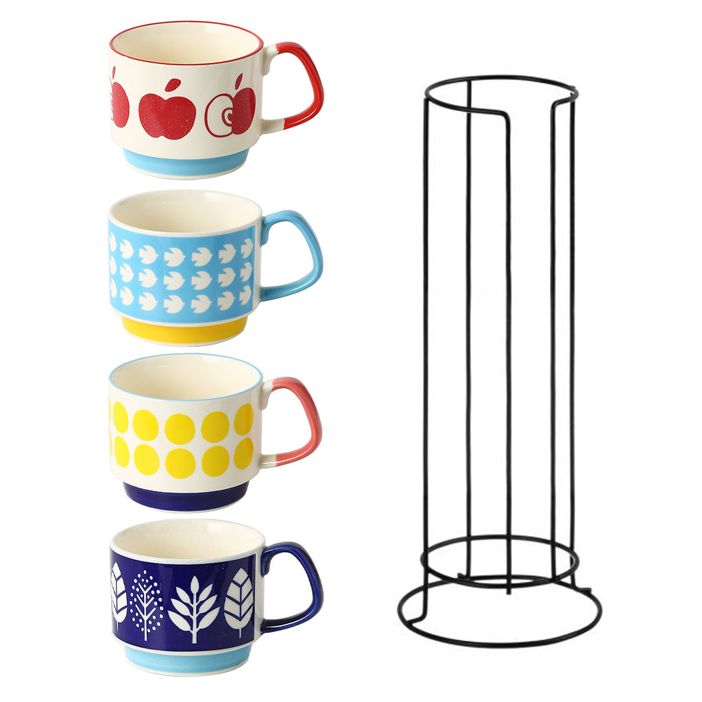 Lot de 4 tasses en céramique à motifs amusants, tasses à café colorées 300 ml (Pomme, Pois, Feuille, Rayure)