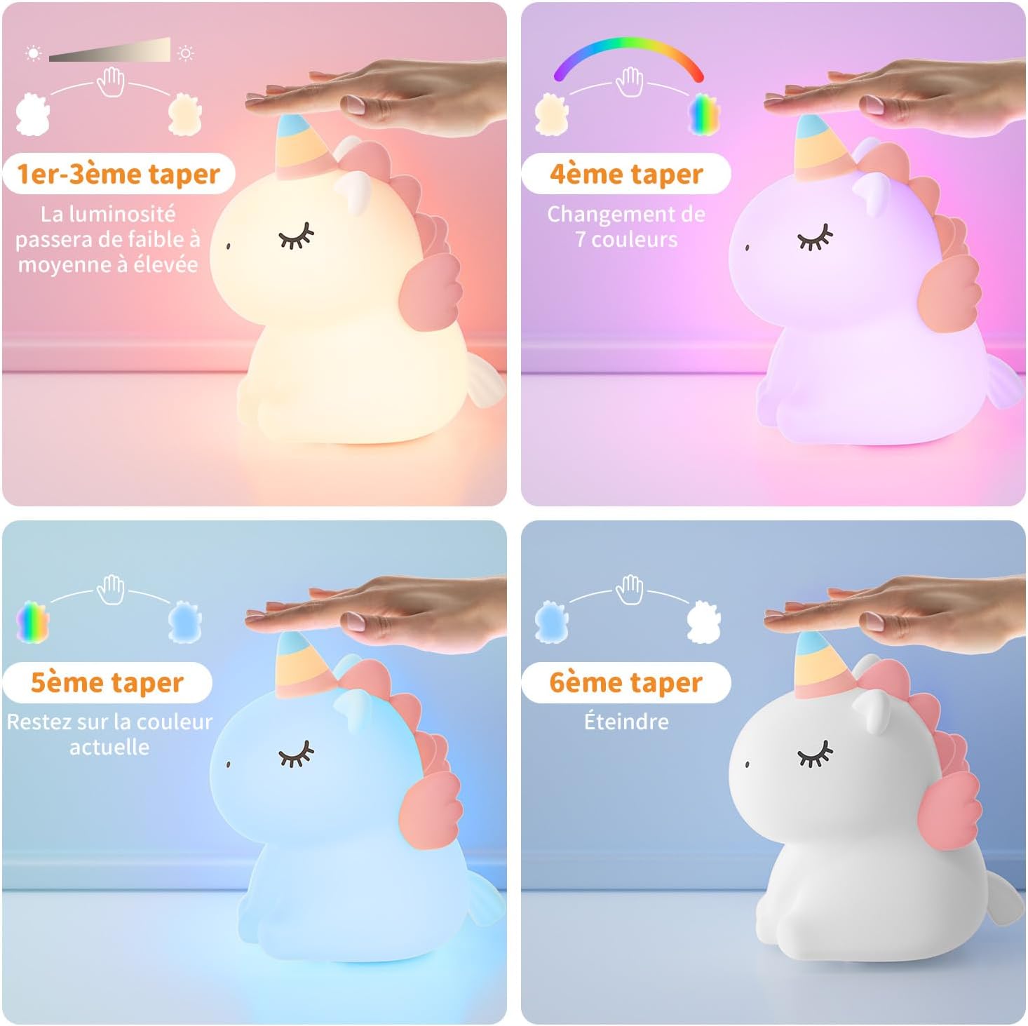 VIVREAL Veilleuse licorne pour enfants Silicone LED à intensité variable Souple Rechargeable Tactile Blanc