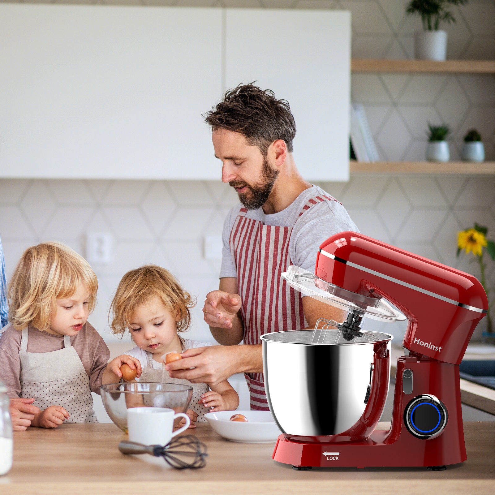 HONINST Robot pâtissier électrique à tête inclinable, 6,5 qt, 10 vitesses, robot de cuisine 3 en 1 avec bol, crochet pétrisseur, fouet et batteur plat