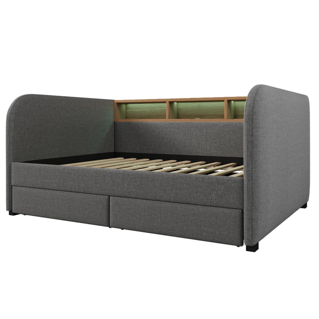 URBAN MEUBLE Lit superposé 140x190 cm, 1 pièce, tissu en lin, gris, avec tête de lit LED et prise de charge USB-C