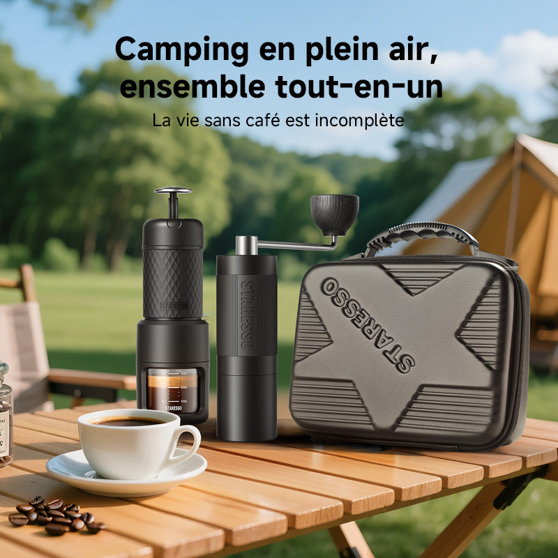 STARESSO Ensemble machine à espresso portable manuelle et moulin à café à meules avec sac de transport pour voyage, camping et randonnée