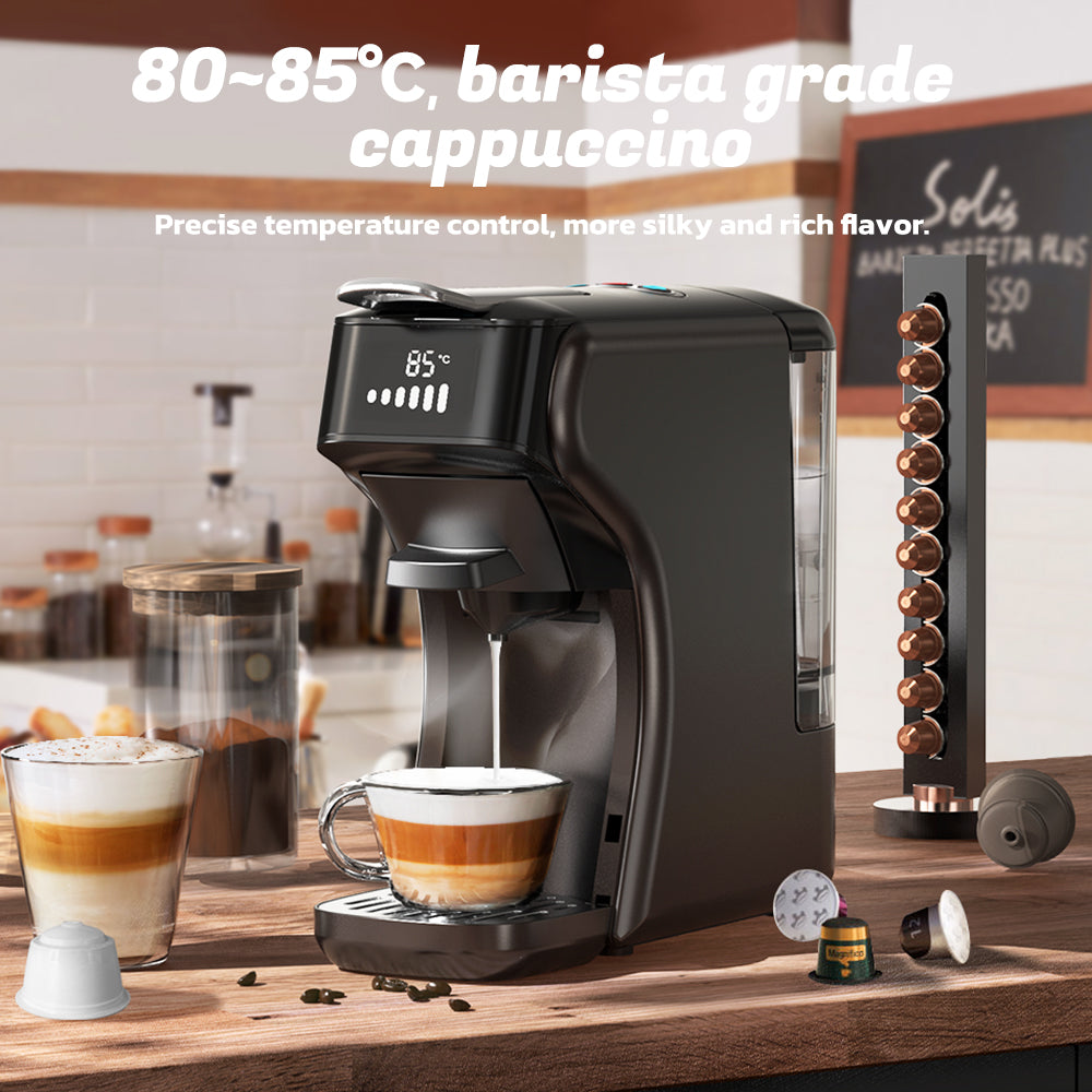 HiBREW H1B Machine à café à dosettes 6-en-1, Réservoir d'eau de 600 ml, Extraction sous pression de 19 bars, Mode froid/chaud, Indicateur LED, pour Kcup*/Nes*/DG*/Poudre d'espresso, Noir