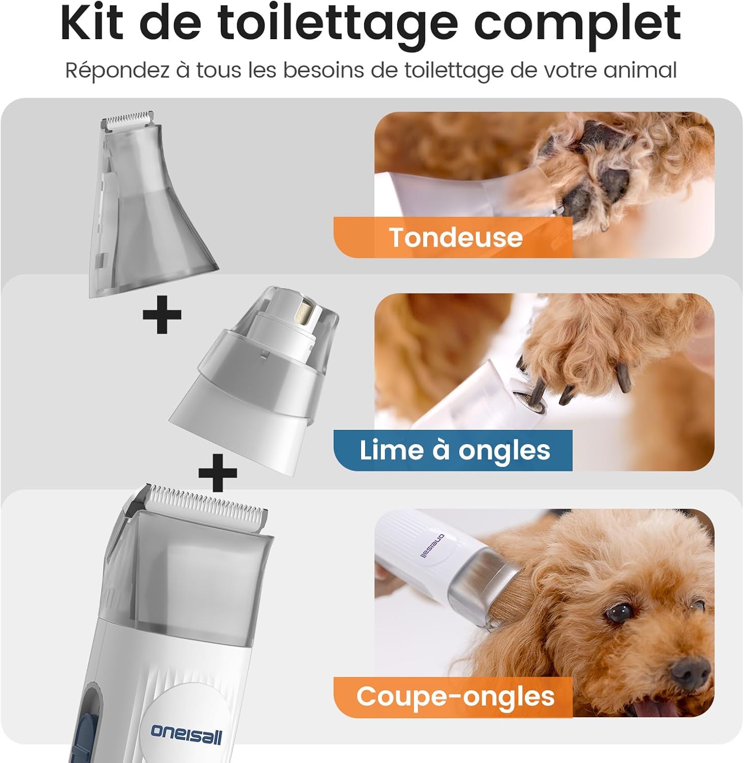 Oneisall Tondeuse pour chien avec aspirateur et brosse | Aspirateur pour poils, puissance d'aspiration super 12000 Pa, aspire 99,99 % des poils d'animaux, 7 accessoires de soin, 1,5 L