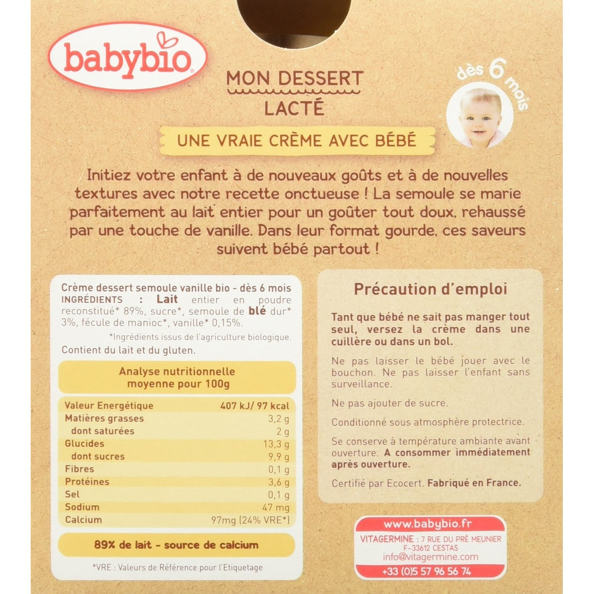 BABYBIO Gourde semoule vanille 4x85g