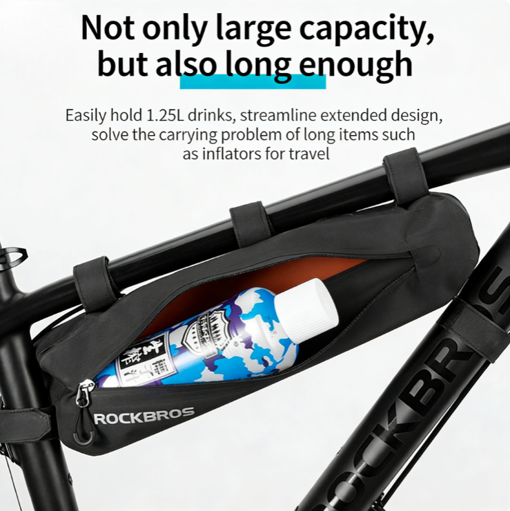 ROCKBROS Sacoche de tube supérieur étanche pour vélo, Pochette de rangement triangulaire pour cadre de vélo de route et VTT, Sacoche porte-téléphone de cyclisme, 40 x 12,5 cm