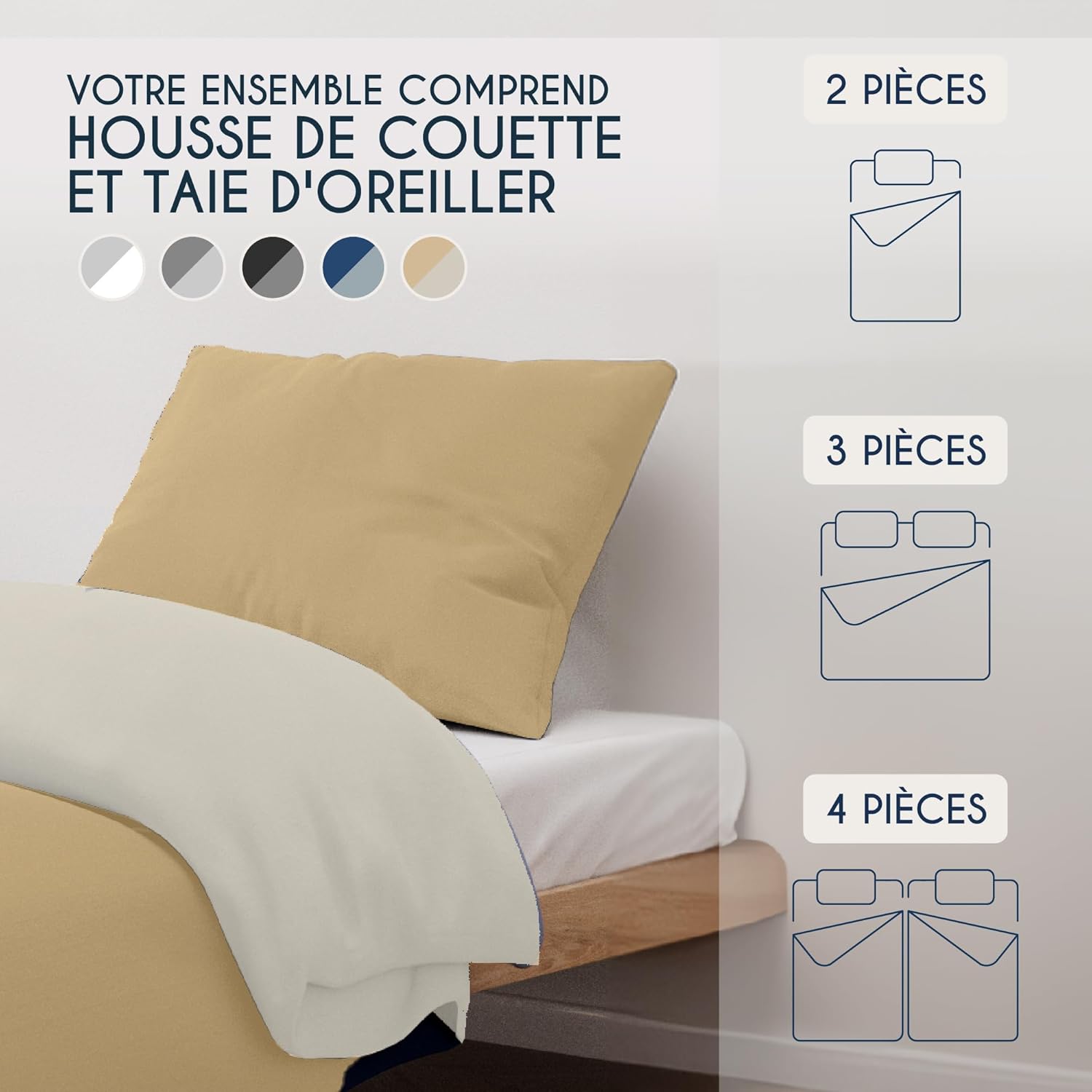 MENDALE Housse de couette - Ensemble de literie de qualité supérieure - Housse de couette 140*200 cm avec taie d'oreiller 65*65 cm - Microfibre douce brossée - Blanc cassé et kaki