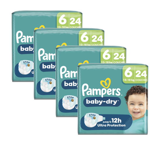 Pampers Baby-Dry, Taille 6, 96 Couches, 13-18kg, Une nuit jusqu'à 100% sans fuites avec la Poche Stop & Protect à l’arrière de la couche