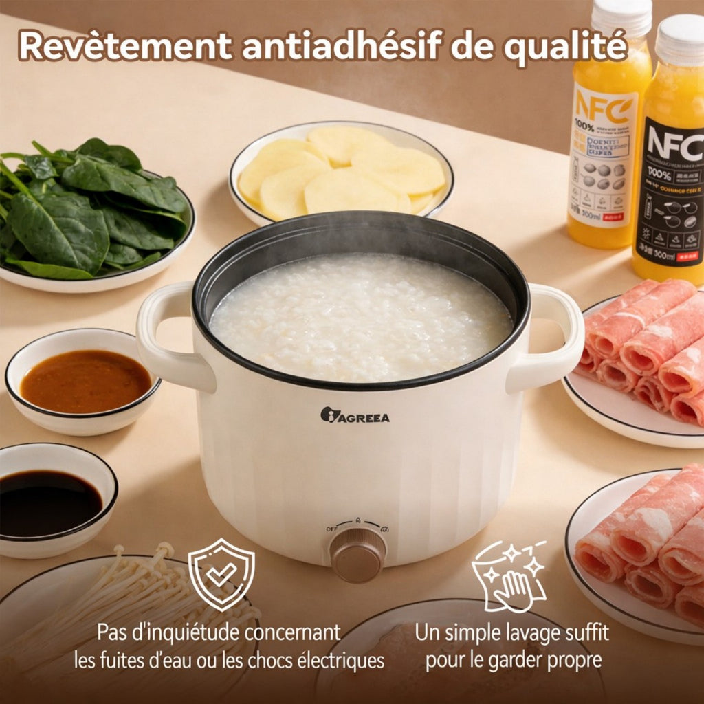 IAGREEA Mijoteuse, marmite électrique compacte 1000 W 2,6 L avec panier vapeur, 2 réglages de puissance, revêtement antiadhésif et contrôle de la température