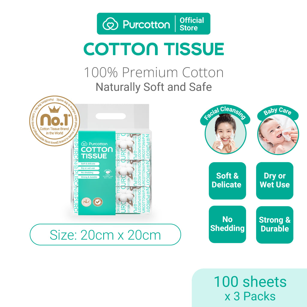 Purcotton Mouchoirs faciaux en pur coton 300 feuilles - 3 x 100 - Usage double sec et humide