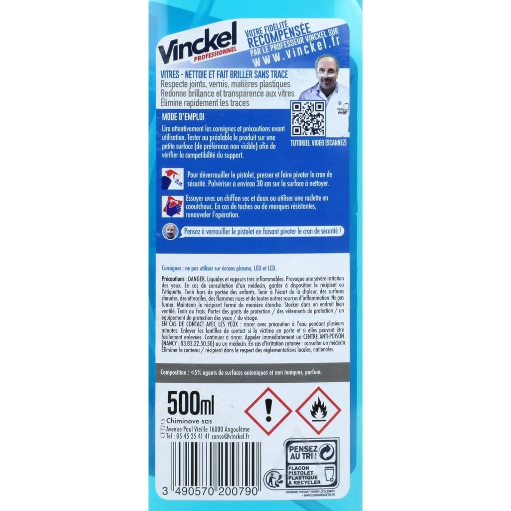 VINCKEL PROFESSIONNEL Nettoyant Vitres Professionnel, Sans Traces, Séchage Rapide, Spray à Pression, 500 ml