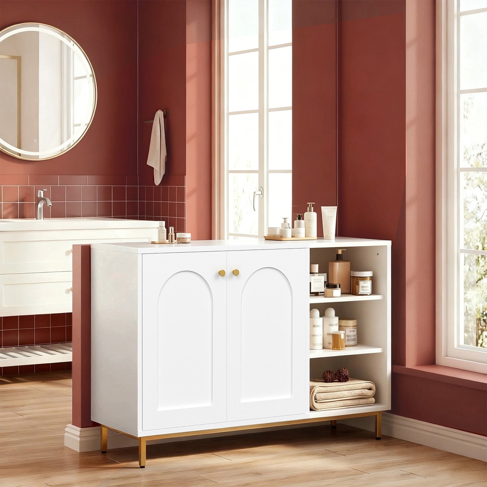 HaluPeit Meuble de salle de bain, Buffet, Meuble de cuisine à 2 portes, Buffet, Meuble de salle de bain avec étagère ouverte, Commode, Étagère réglable, Salle de bain, 35 x 100 x 75 cm, Blanc et or