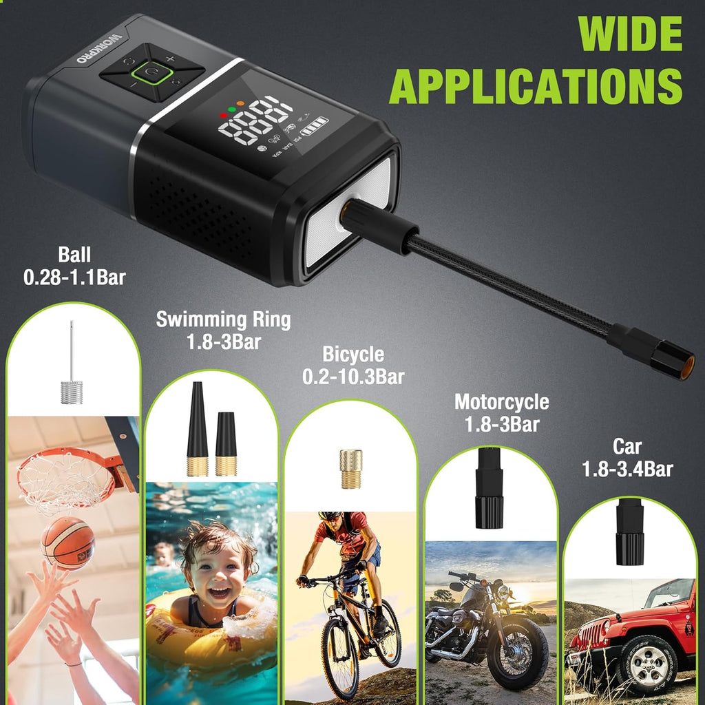 WORKPRO Pompe à air électrique 150 PSI (10,3 bar), Compresseur d’air sur batterie 7,2 V 2500 mAh