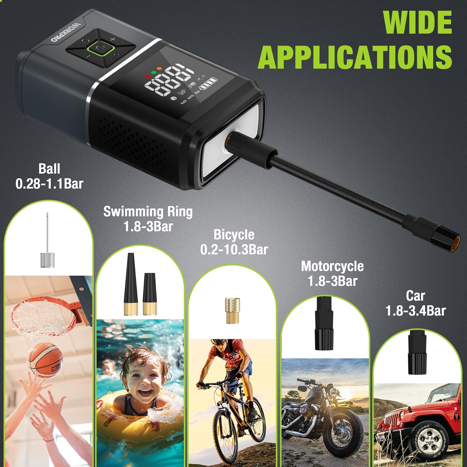 WORKPRO Pompe à air électrique 150 PSI (10,3 bar), Compresseur d’air sur batterie 7,2 V 2500 mAh