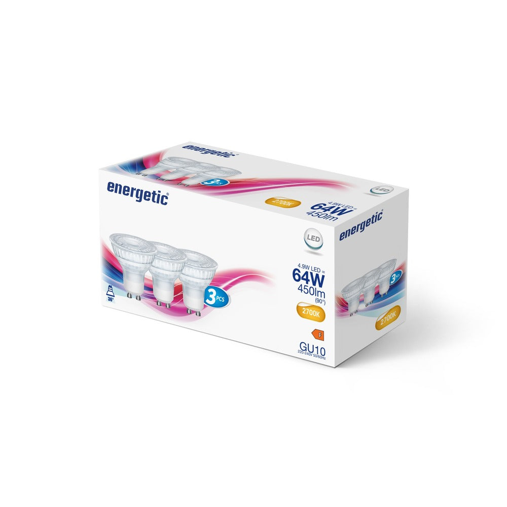 Ampoule GU10 Lot de 3 | PAR16, verre transparent - blanc chaud 2700K 450 l. - Energetic