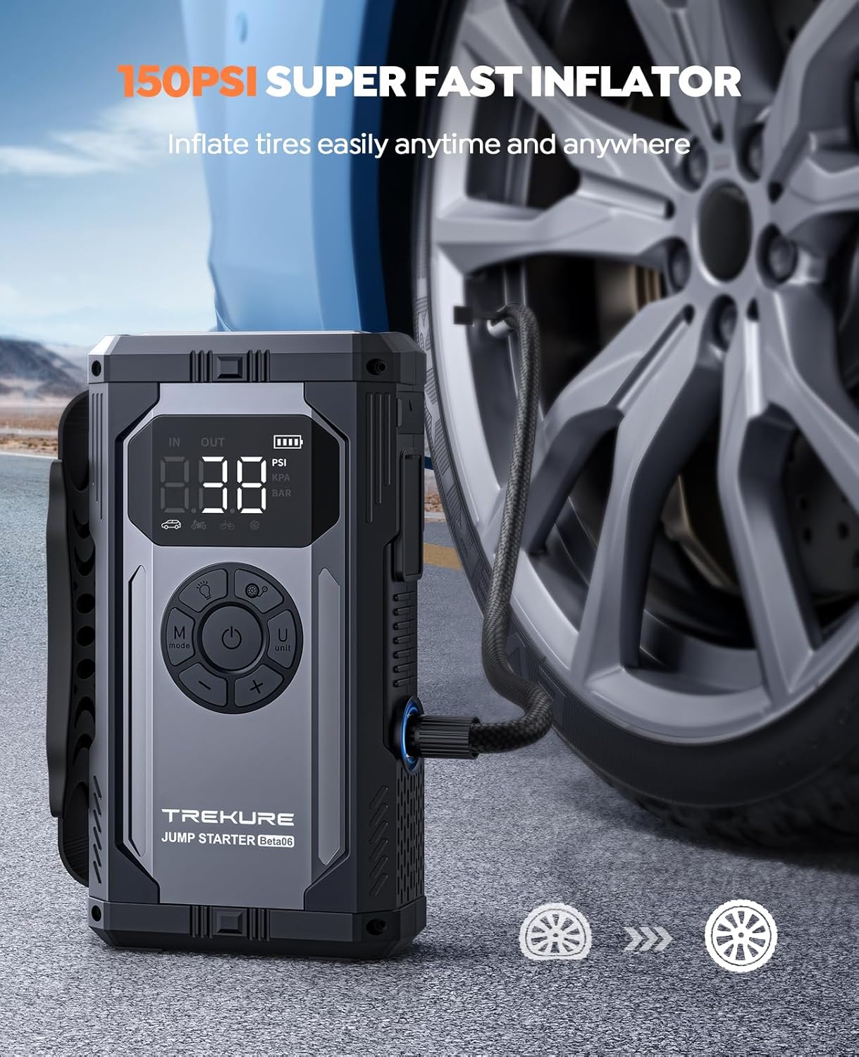 TREKURE Beta06 Booster de démarrage avec compresseur d’air 150 psi, 5500 A de crête, batterie de secours portable 12 V, câbles de démarrage