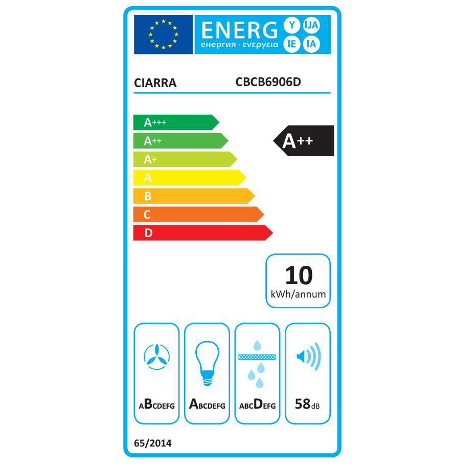Ciarra Hotte télescopique sous armoire 370 m³/h noir classe énergétique A++ - 60 cm