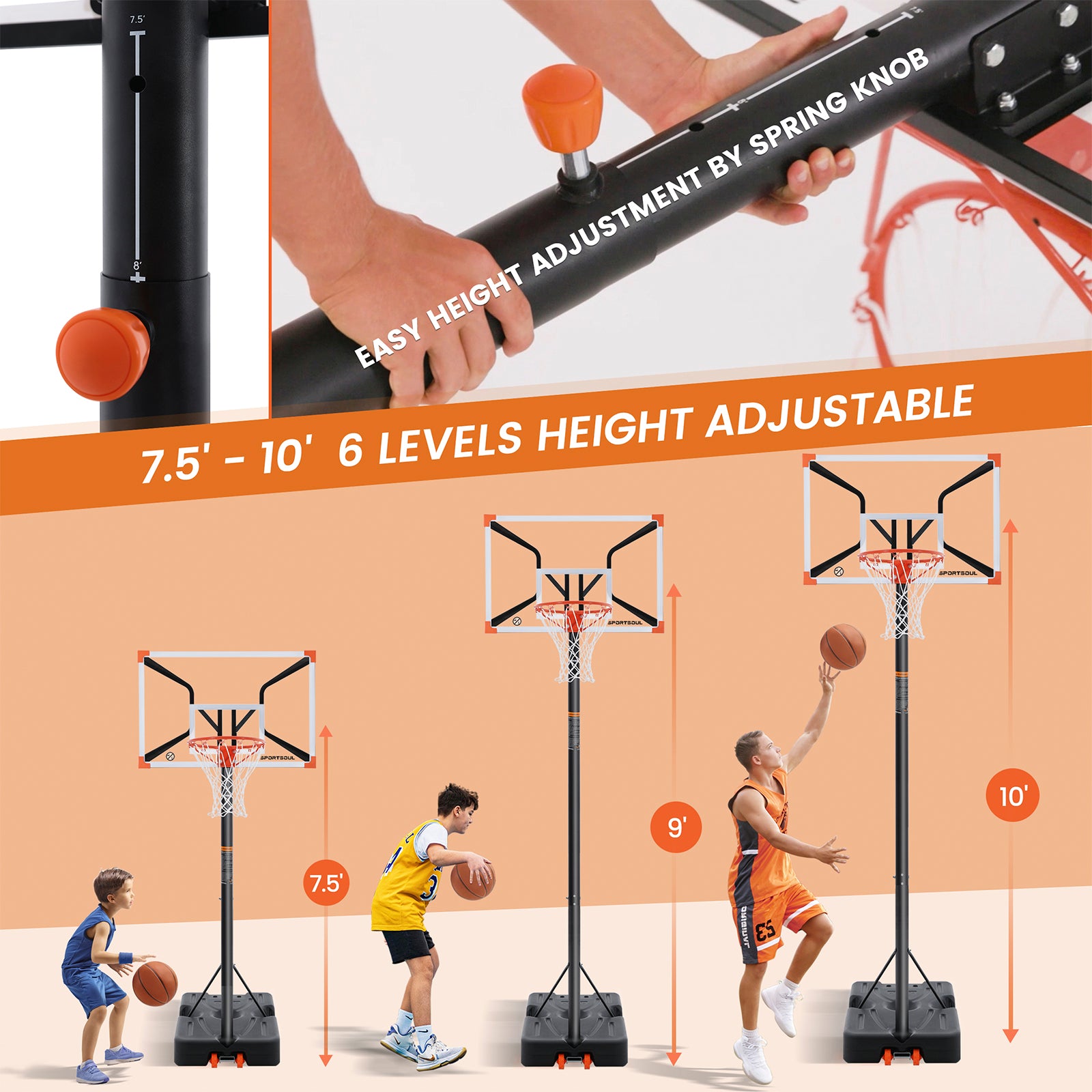 SPORTSOUL Série X Panier de basket-ball d'extérieur portable et réglable - Panneau de basket-ball en PC incassable de 44 pouces - Assemblage en 60 minutes